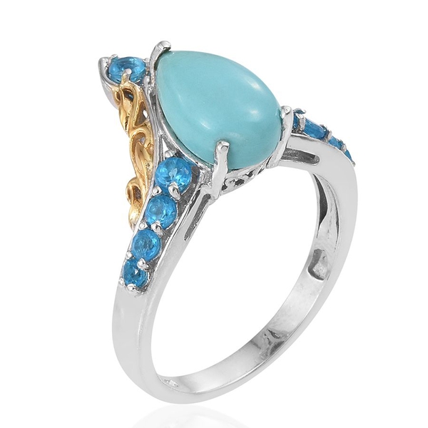 Sonoran Turquoise (Pear 3.00 Ct), Malgache Neon Apatite Ring in Platinum and Yellow Gold Overlay Sterling Silver 3.650 Ct.