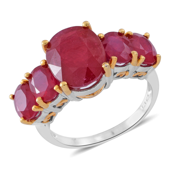 11.50 Ct African Ruby 5 Stone Ring in Rhodium and 14K Gold Plated Silver