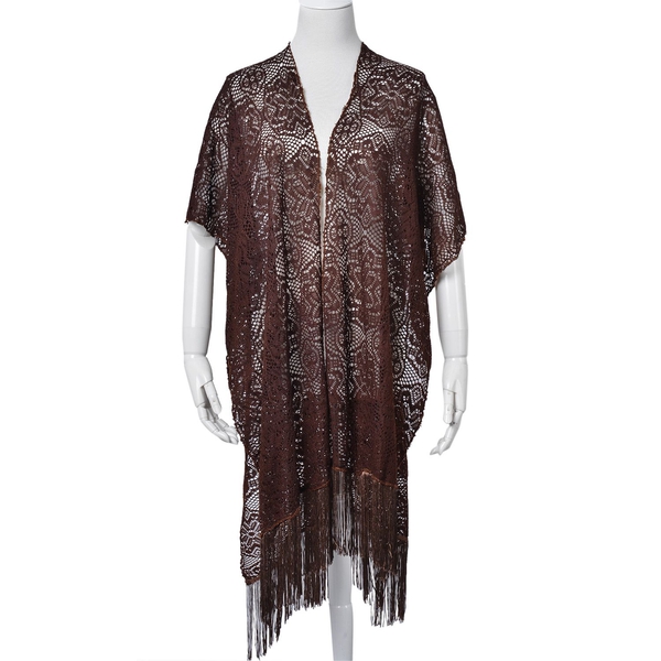 Floral Pattern Lace Design Chocolate Colour Shawl with Fringes (Size 100x80 Cm)