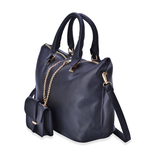 Set of 2 - Black Colour Handbag With Adjustable and Removable Shoulder Strap (Size 25.5x13.5 Cm and 13.5x11x3.5 Cm)