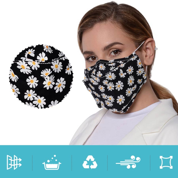 Daisy Pattern Double Layer Open Mouth Reusable Face Covering with Adjustable Ear Loop (Size 22x18 Cm) - Black & White