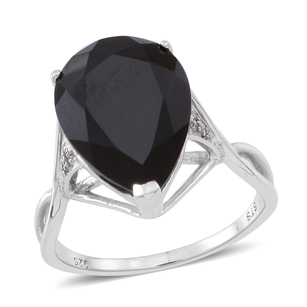 Boi Ploi Black Spinel (Pear), Natural White Cambodian Zircon Ring in Rhodium Plated Sterling Silver 