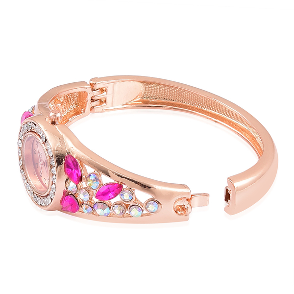 Designer Inspired - STRADA Japanese Movement Sunshine Dial Bangle Watch in Rose Gold Tone with White Austrian Crystal, Simulated AB and Pink Colour Diamond