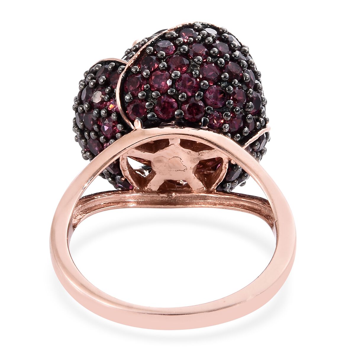 Designer Inspired-Rhodolite Garnet (Rnd) LOTUS Ring in Black Rhodium and Rose Gold Overlay Sterling Silver 5.750 Ct. Silver wt. 7.80 Gms. Number of Gemstones 106