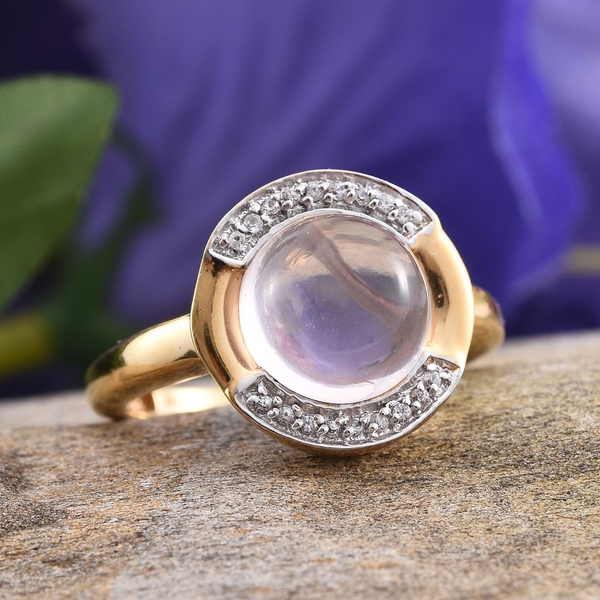 Rose Quartz (Rnd 4.10 Ct), Natural Cambodian Zircon Ring in 14K Gold Overlay Sterling Silver 4.250 Ct.