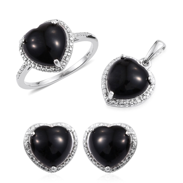 Black Onyx (Hrt) Solitaire Ring, Pendant and Stud Earrings (with Push Back) in Platinum Overlay Ster
