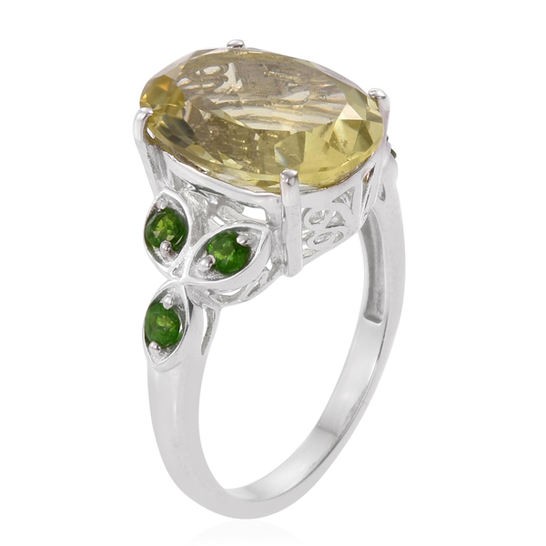 Natural Green Gold Quartz (Ovl 8.00 Ct), Chrome Diopside Ring in Platinum Overlay Sterling Silver 8.500 Ct.