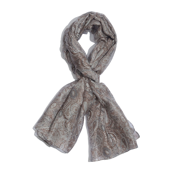 100% Mulberry Silk Cream, Grey and Chocolate Colour Abstract Pattern Scarf (180x100 Cm)