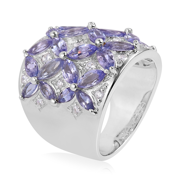 Tanzanite (Mrq), Natural White Cambodian Zircon Flower Ring in Rhodium Plated Sterling Silver 5.540 Ct. Silver wt 12.82 Gms.