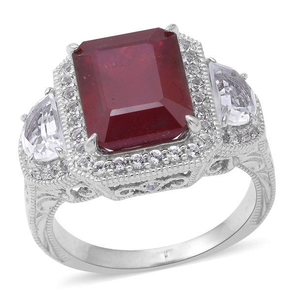 11.50 Ct African Ruby and White Topaz Halo Ring in Rhodium Plated Silver 6.50 Grams