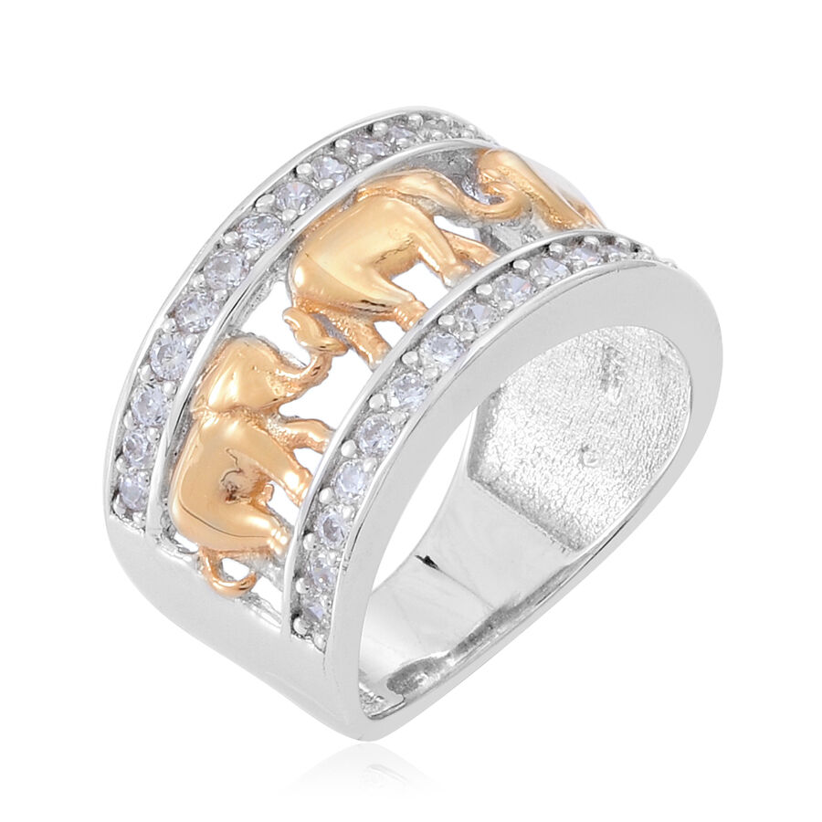 ELANZA AAA Simulated Diamond (Rnd) Royal Thai Elephant Band Ring in Platinum and Yellow Gold Overlay Sterling Silver