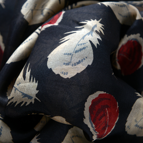 100% Mulberry Silk Red, Black and Multi Colour Feather Pattern Scarf (Size 180x100 Cm)