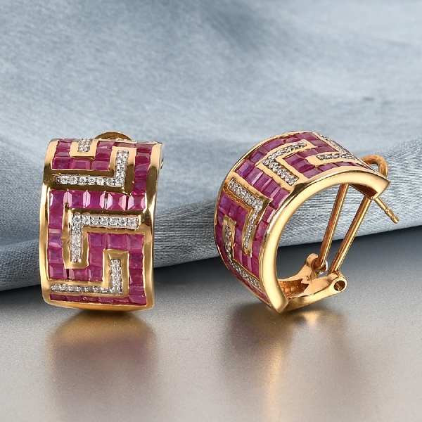 African Ruby (FF) & Natural Cambodian Zircon Greek Key Earrings (with French Clasp) in 14K Gold Overlay Sterling Silver 8.32 Ct, Silver wt 14.00 Gms