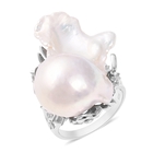 Baroque Fresh Water Pearl, Natural Cambodian White Zircon Ring (Size Q) in Rhodium Overlay Sterling Silver, S