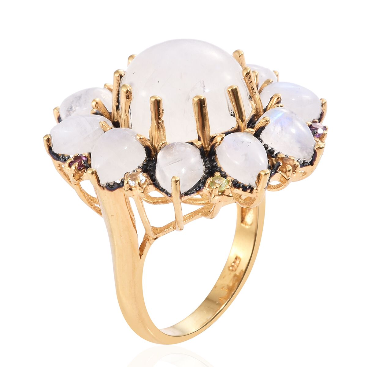 Sri Lankan Rainbow Moonstone (Rnd 10.40 Ct), Amethyst, Rhodolite Garnet and Multi Gemstone Floral Ring in Blue and 14K Gold Overlay Sterling Silver 20.000 Ct. Silver wt 8.70 Gms