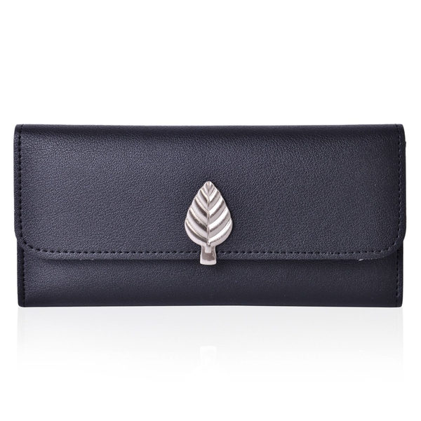 Designer Inspired - Black Colour Ladies Wallet with Multiple Card Slots and Metallic Leaf at Front (