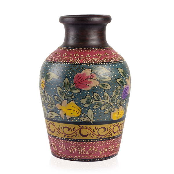 Limited Edition - Designer Inspired Hand Painted Floral Terracotta Vase Purple, Teal and Multi Colou