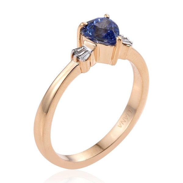 ILIANA 18K Yellow Gold 1 Carat Ceylon Blue Sapphire Heart, Diamond SI G-H Ring.