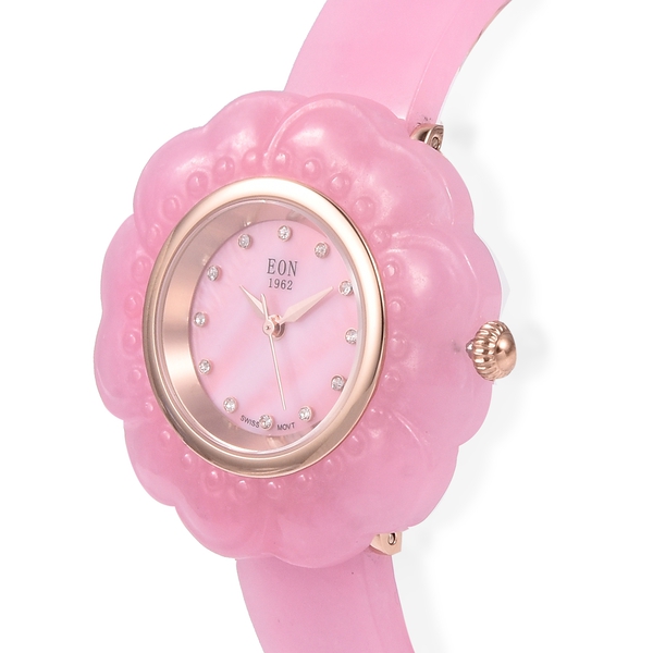 EON 1962 Carved Pink Jade MOP Swiss Movement Water Resistant Watch.Total Ct Wt 116 Cts