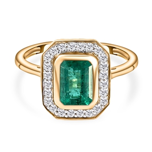 OTO - 9K Yellow Gold Kagem Zambian Emerald and Diamond Ring 1.15 Ct.