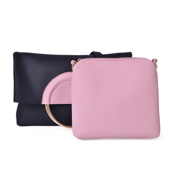 Set of 2 - Black and Pink Colour Handbag (Size 36X31X5 Cm) with Metallic Handles and Pouch (Size 19X