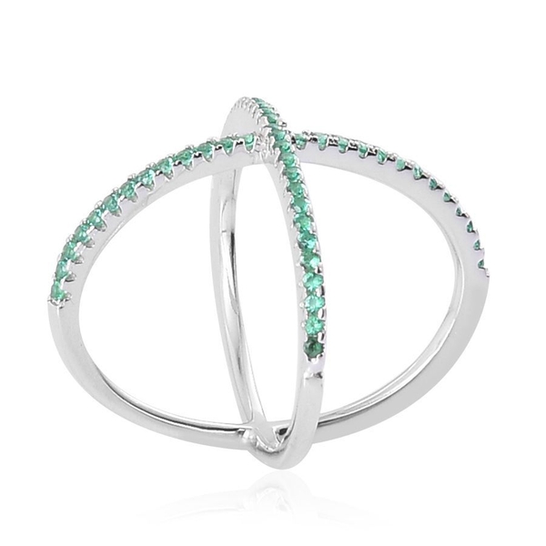 ELANZA AAA Simulated Emerald (Rnd) Criss Cross Ring in Rhodium Plated Sterling Silver