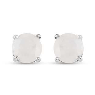 AA Rainbow Moonstone (Rnd 7 mm) Stud Earrings (with Push Back) in Platinum Overlay Sterling Silver 2