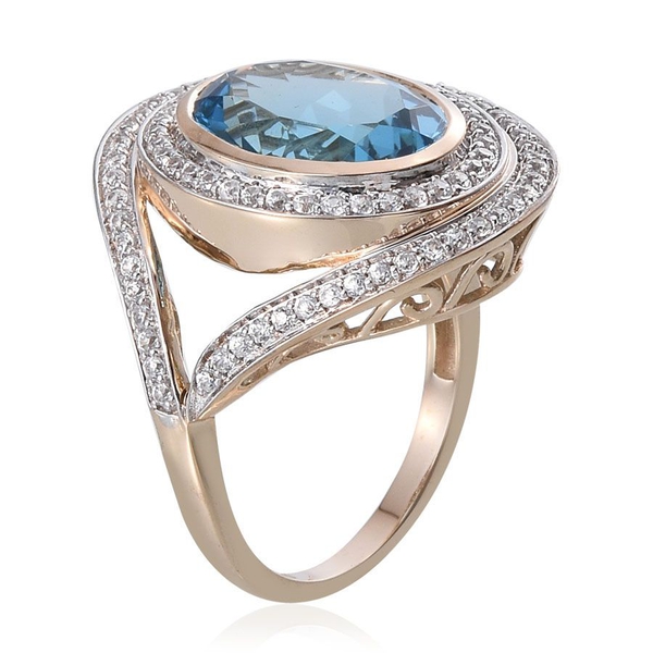 9K Y Gold Electric Swiss Blue Topaz (Ovl 10.50 Ct), Natural Cambodian Zircon Ring 11.500 Ct.