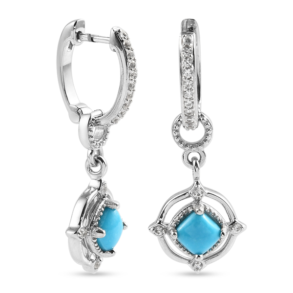 Arizona Sleeping Beauty Turquoise and Natural Cambodian Zircon Detachable Dangling Earrings with Clasp in Platinum Overlay Sterling Silver 1.33 Ct.