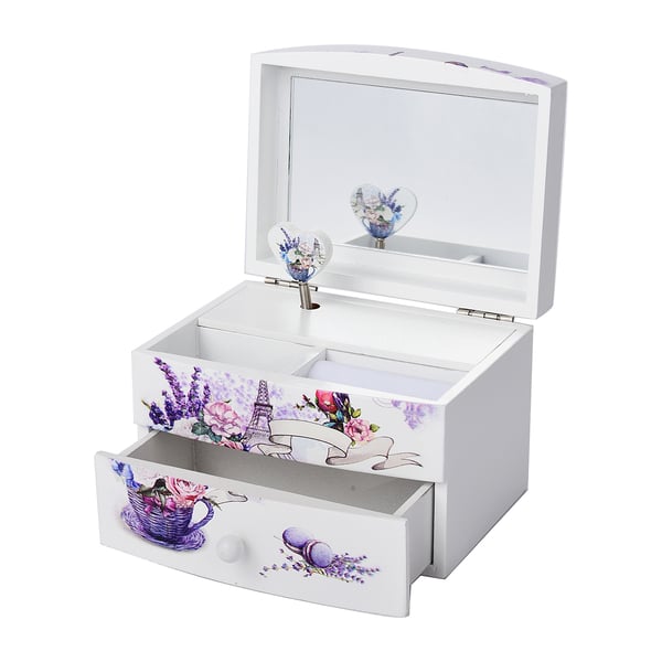 2 Layer Musical Bird and Tower Printed Jewellery Box with Drawer and Inside Mirror (Size 13x10x9cm) - White, Blue & Multi