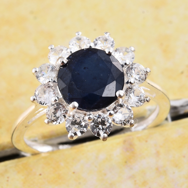 Kanchanaburi Blue Sapphire (Rnd 3.60 Ct), Natural Cambodian Zircon Ring in Sterling Silver 5.500 Ct.