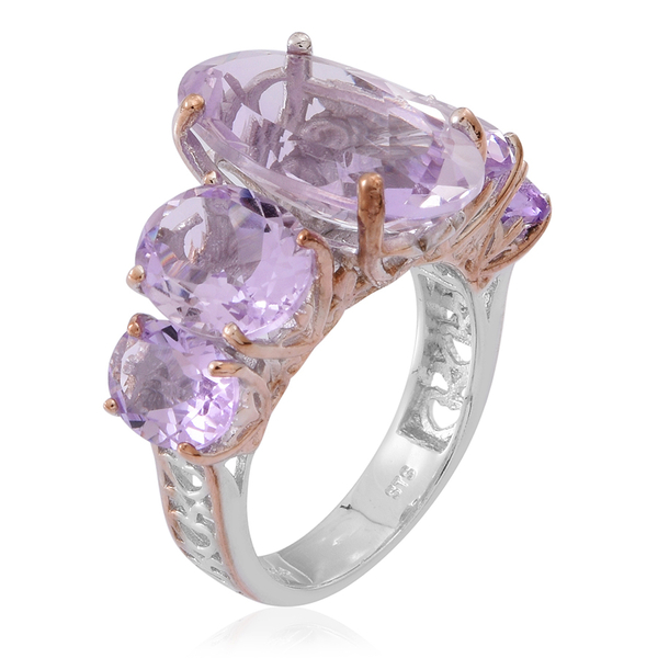 Rose De France Amethyst (Ovl 7.16 Ct) 5 Stone Ring in Rhodium Plated and Rose Gold Overlay Sterling Silver 14.000 Ct.