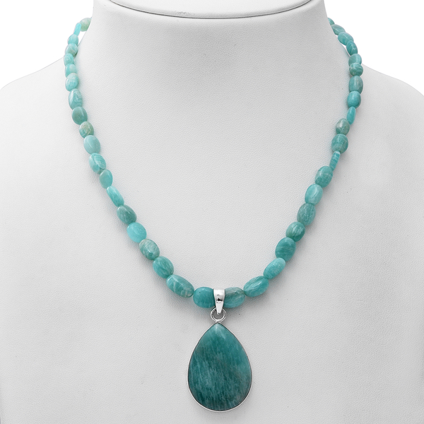 GP Italian Garden Collection - Amazonite Beads Necklace with Teardrop Pendant and Star Charm in Platinum Overlay Sterling Silver 150.03 Ct.