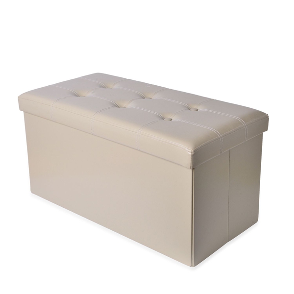 Cream Colour Faux Leather Foldable Large Storage Ottoman with Padded Seat (Size 75x38x38 Cm)