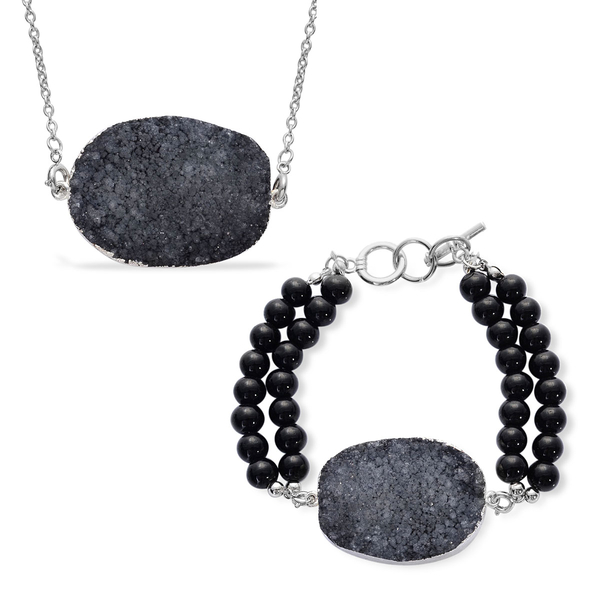 Black Onyx and Grey Drusy Quartz Pendant With Chain and Bracelet (Size 7.5) in Stainless Steel
