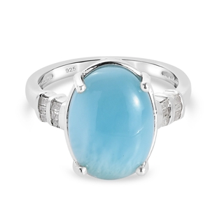 Dominian Republic Larimar and Diamond Ring in Platinum Overlay Sterling Silver 6.00 Ct.