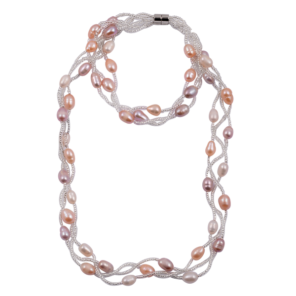 Fresh Water Pink, Peach and Purple Pearl Necklace (Size 18) and Bracelet (Size 7.50) in Silver Bond