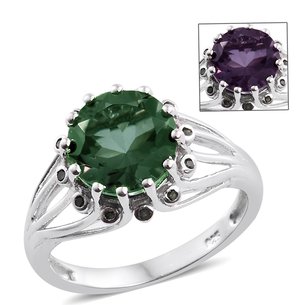 Colour Change Alexandrite Quartz (Rnd 3.95 Ct), Green Diamond Ring in Platinum Overlay Sterling Silv