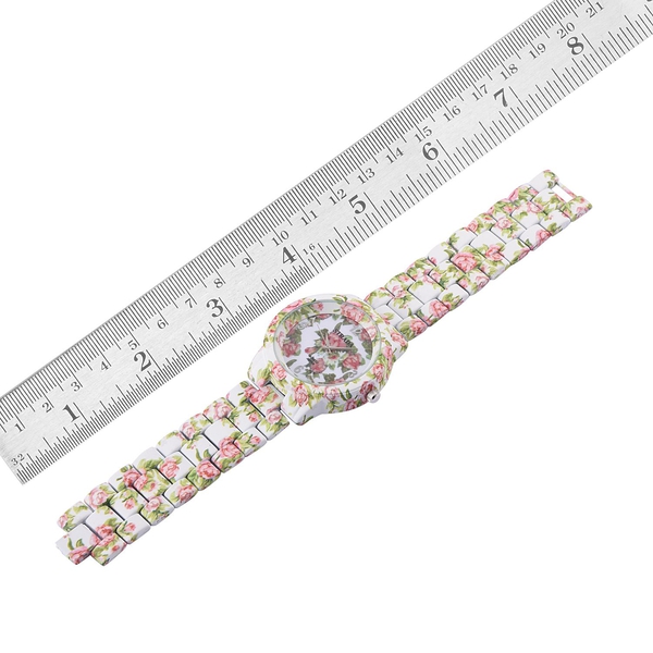 STRADA Japanese Movement Floral White Dial Water Resistant Watch with Stainless Steel Back and Floral Pattern White Strap