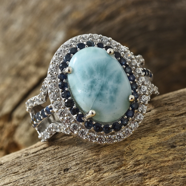 Larimar (Ovl 5.65 Ct), Kanchanaburi Blue Sapphire and Natural Cambodian Zircon Ring in Platinum Overlay Sterling Silver 7.500 Ct. Silver wt 6.28 Gms.