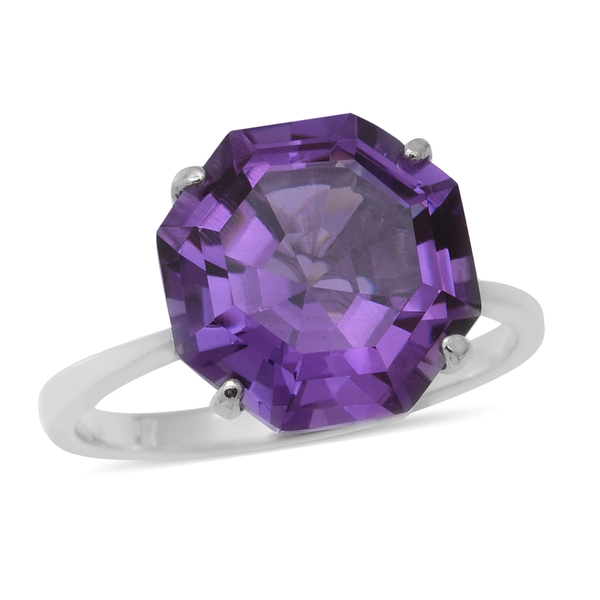 OCTILLION CUT Lusaka Amethyst Solitaire Ring in Rhodium Overlay Sterling Silver 6.64 Ct.