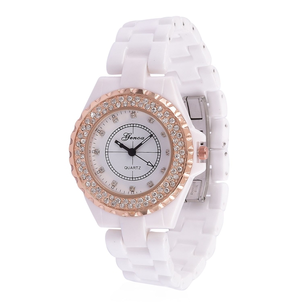 GENOA AAA Austrian Crystal White Ceramic Strap Watch - Rose Gold Tone