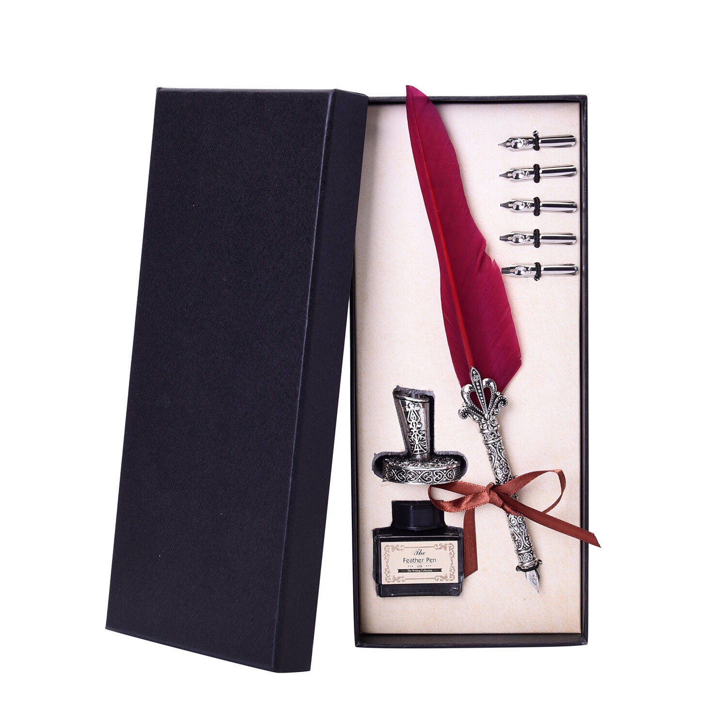 Set of Burgundy Feather Pen with Pen Stand, Black Ink (15ml) and 6-Different Nip Shapes in Silver Tone