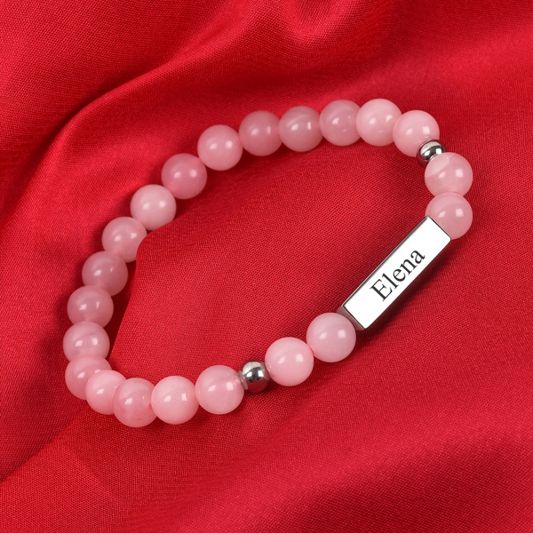 Personalised Engravable Bar Rose Quartz Beads Bracelet Size 7-7.5Inch