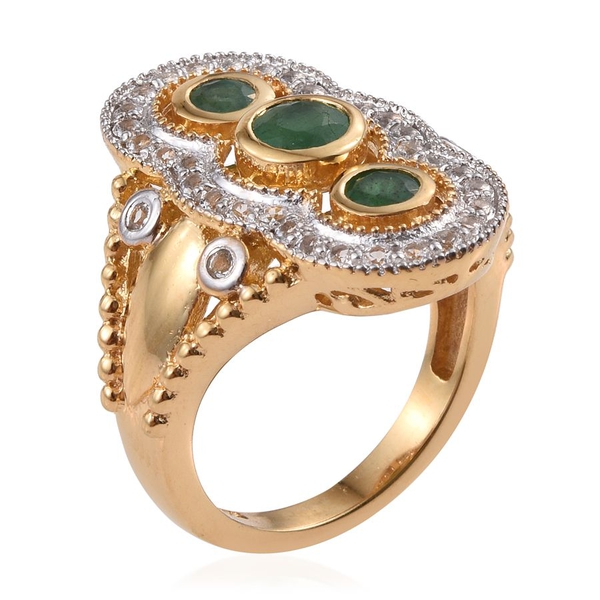 Kagem Zambian Emerald (Rnd 0.50 Ct), White Topaz Ring in 14K Gold Overlay Sterling Silver 1.500 Ct.