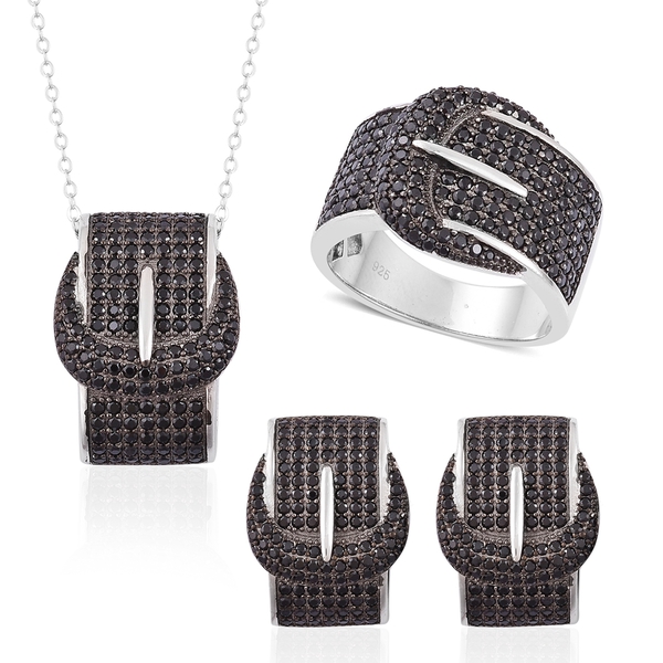 Red Carpet Collection-Boi Ploi Black Spinel Buckle Design Ring, Earrings (with French Clip) and Pend
