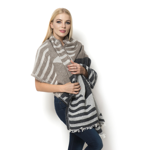 WINTER SPECIAL Mohair, Acro and Cotton Black, Cream and Chocolate Colour Stripy Pattern Scarf (Size 