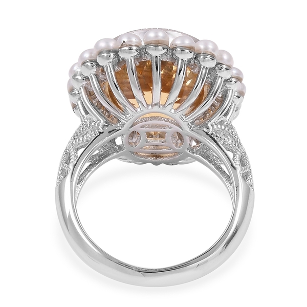 Limited Edition- Rare Size Citrine (Ovl 9.00 Ct), Freshwater Pearl Ring in Rhodium Overlay Sterling Silver 11.000 Ct. Silver wt 5.49 Gms.