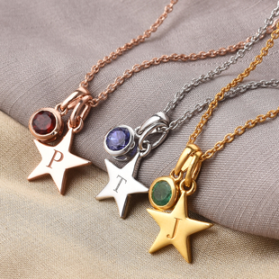 Personalised Engraved Birthstone and Initial Star Pendant with 20Inch Chain in Silver