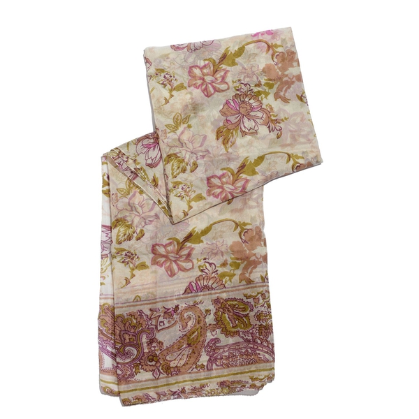 100% Mulberry Silk Multi Colour Handscreen Floral Printed Cream Colour Scarf (Size 175x100 Cm)